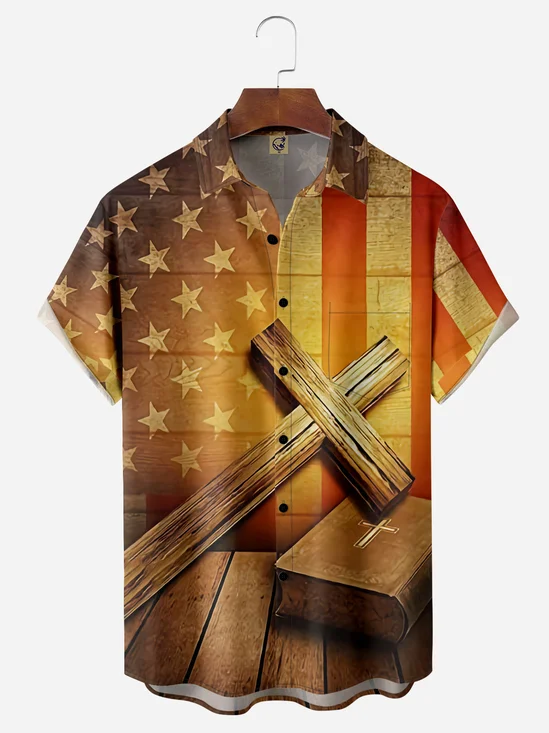 American Flag Crucifix Chest Pocket Short Sleeve Shirt