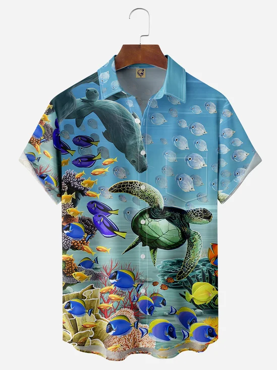 Sea Turtle Chest Pocket Short Sleeve Hawaiian Shirt