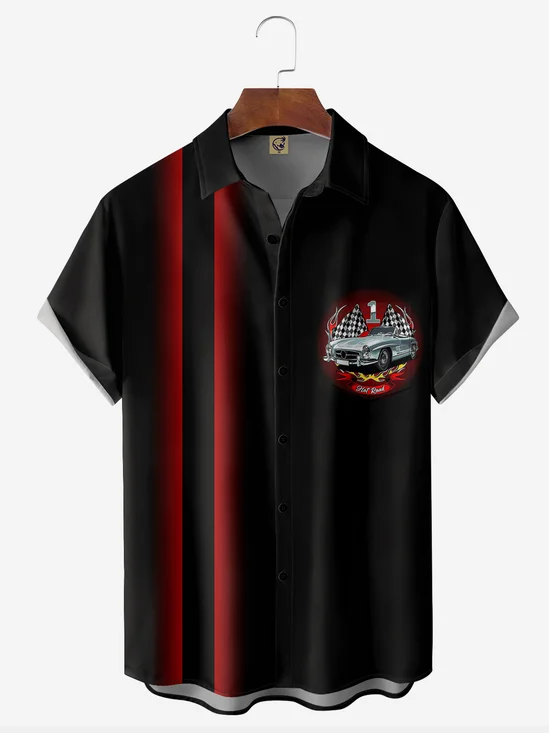 Retro Car Chest Pocket Short Sleeve Bowling Shirt