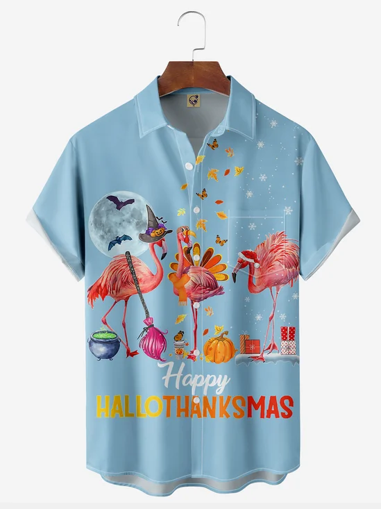Christmas Flamingo Chest Pocket Short Sleeve Hawaiian Shirt