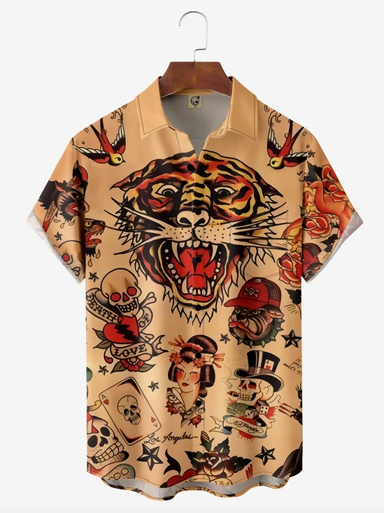 Tiger Tattoo Sticker Chest Pocket Short Sleeve Hawaiian Shirt