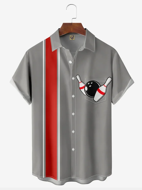 Striped Chest Pocket Short Sleeve Bowling Shirt