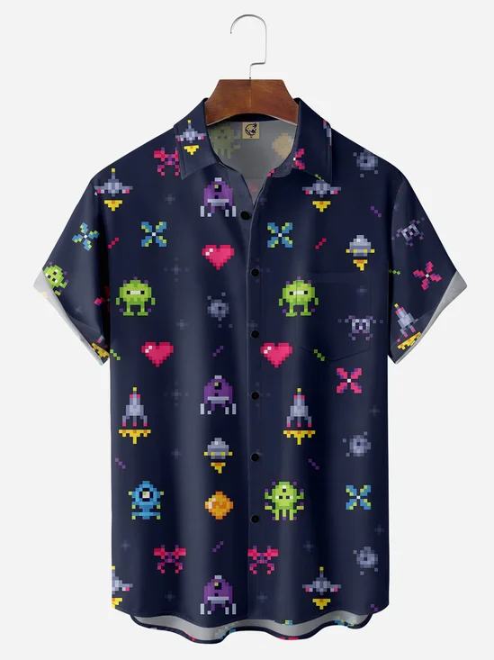 Cartoon Game Chest Pocket Short Sleeve Casual Shirt