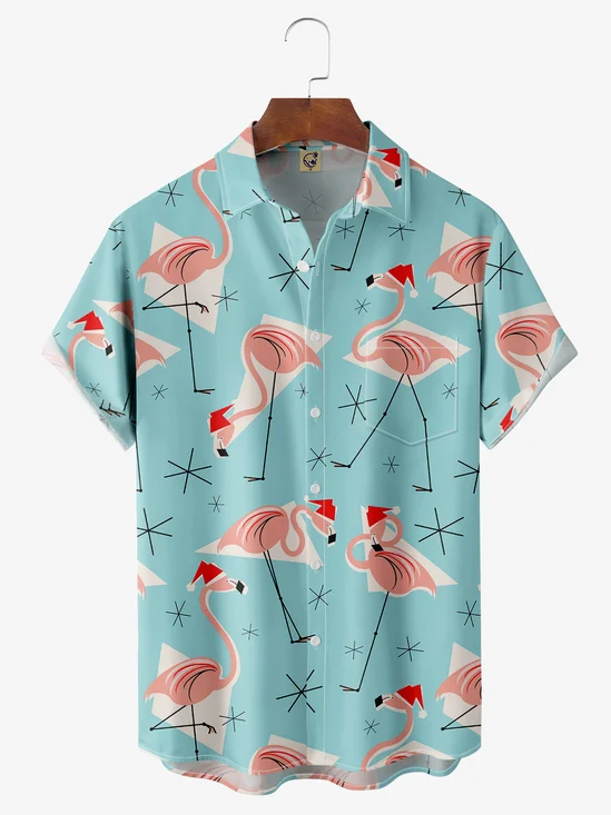 Christmas Flamingo Chest Pocket Short Sleeve Holiday Shirt