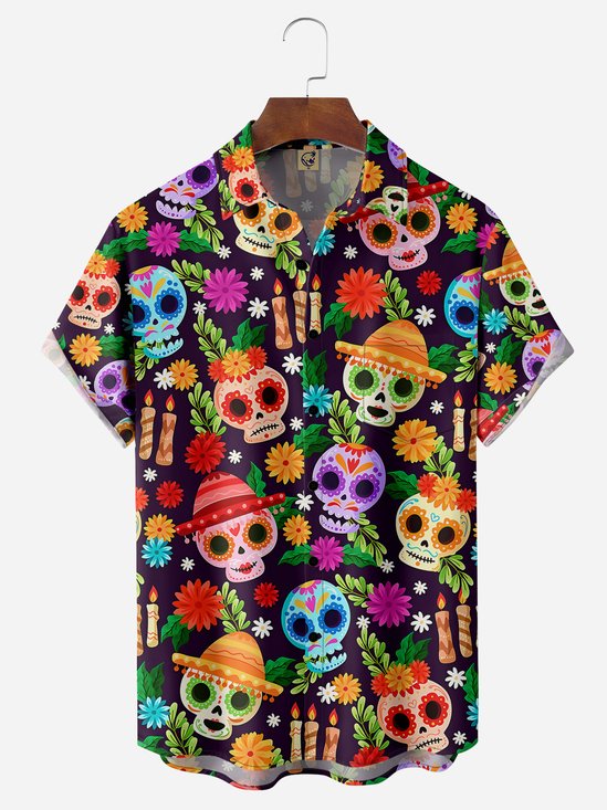 Mexico Independence Day Skull Chest Pocket Short Sleeve Casual Shirt