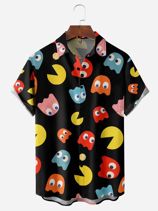 Hardaddy Pac Man Shirt Cartoon Pattern Chest Pocket Short Sleeve Casual Shirt