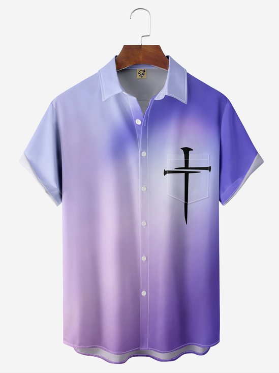 Gradient Shading Cross Chest Pocket Short Sleeve Casual Shirt