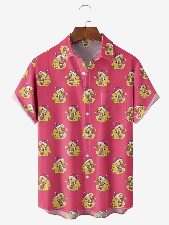 Christmas Duck Chest Pocket Short Sleeve Casual Shirt