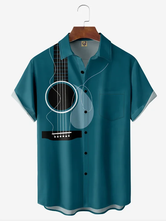 Music Guitar Chest Pocket Short Sleeve Casual Shirt