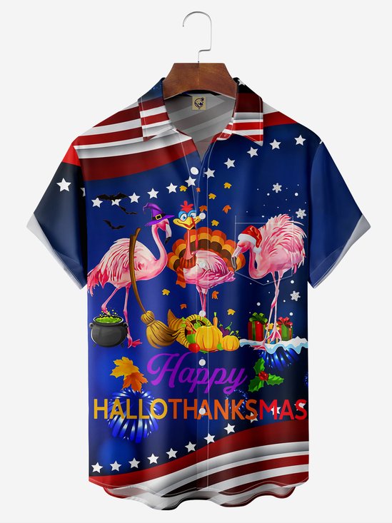 Halloween Thanksgiving Christmas Flamingo Chest Pocket Short Sleeve Shirt