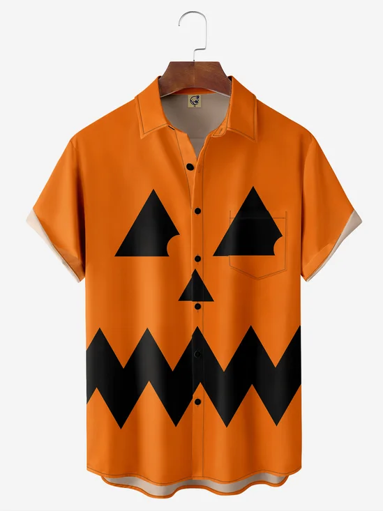 Halloween Pumpkin Face Chest Pocket Short Sleeve Casual Shirt