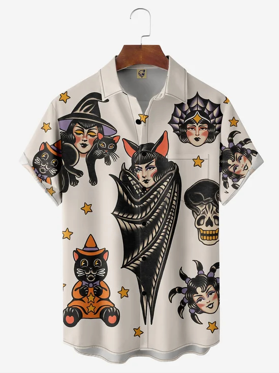Halloween Witch Cat Chest Pocket Short Sleeve Shirt