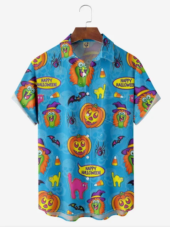 Halloween Puzzles Chest Pocket Short Sleeve Casual Shirt