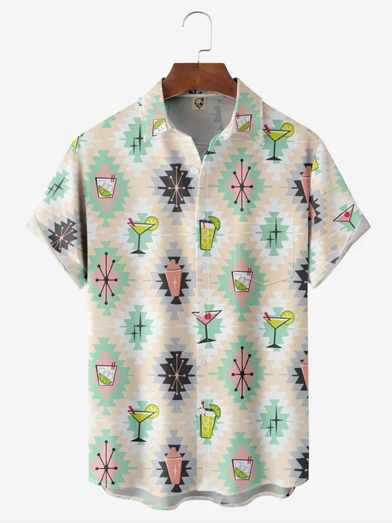 Geometric Cocktail Chest Pocket Short Sleeve Casual Shirt