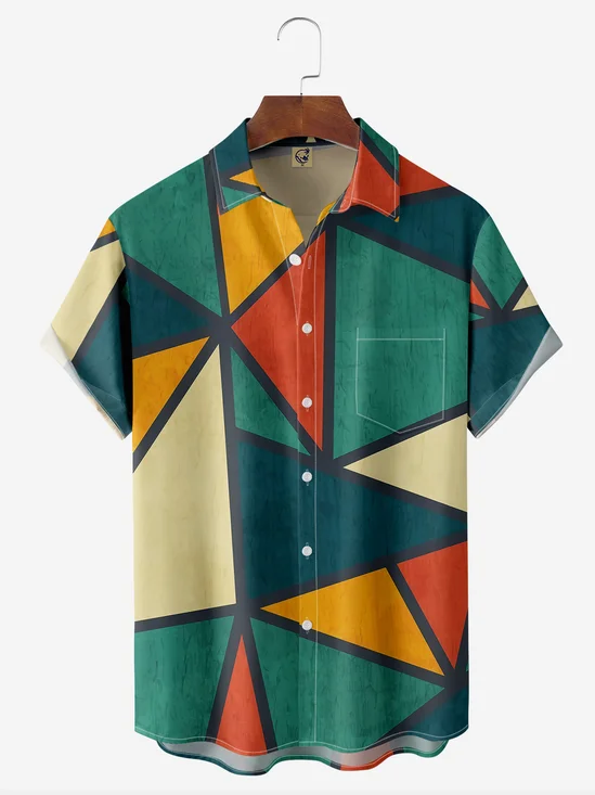 Geometric Color Block Striped Chest Pocket Short Sleeve Casual Shirt