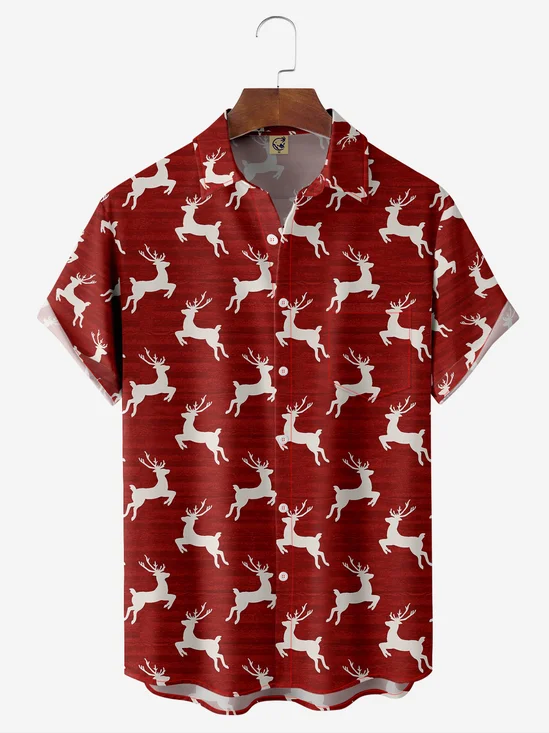 Christmas Elk Chest Pocket Short Sleeve Casual Shirt