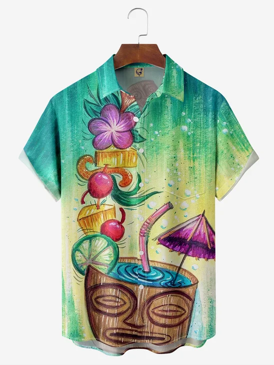 Tiki Cup Chest Pocket Short Sleeve Hawaiian Shirt