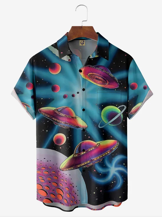 Tech Space Spaceship Chest Pocket Short Sleeve Vacation Shirt