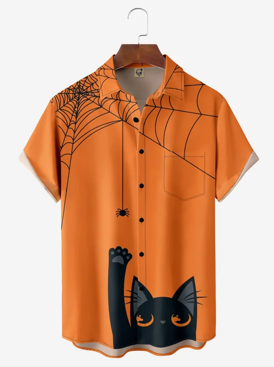 Halloween Cat Spider Chest Pocket Short Sleeve Shirt