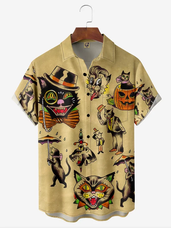 Halloween Cat Chest Pocket Short Sleeve Shirt