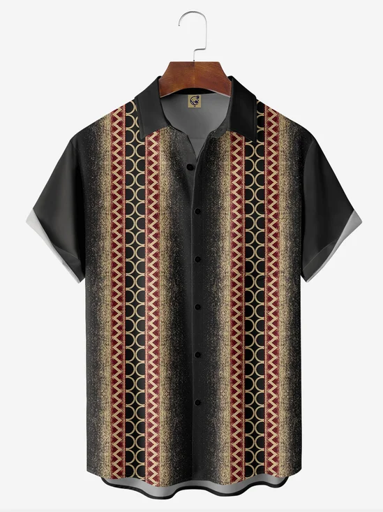 Vintage Ethnic Striped Chest Pocket Short Sleeve Bowling Shirt