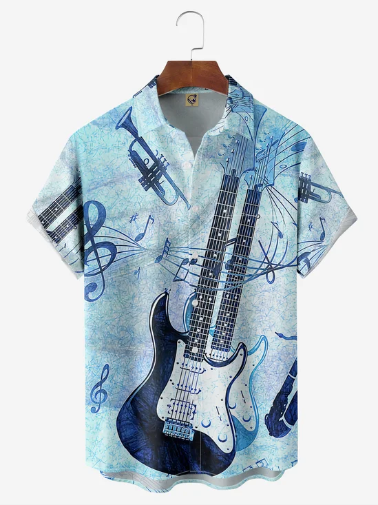 Music Guitar Chest Pocket Short Sleeve Casual Shirt