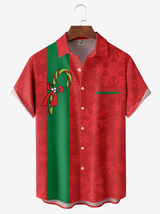 Christmas Candy Cane Chest Pocket Short Sleeve Bowling Shirt