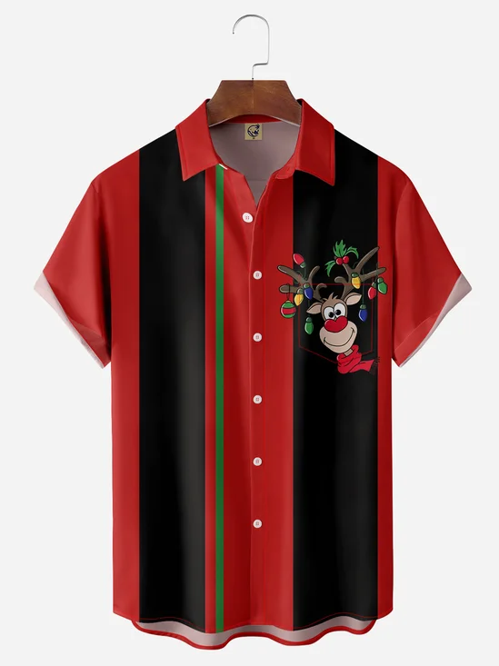 Christmas Elk Chest Pocket Short Sleeve Bowling Shirt