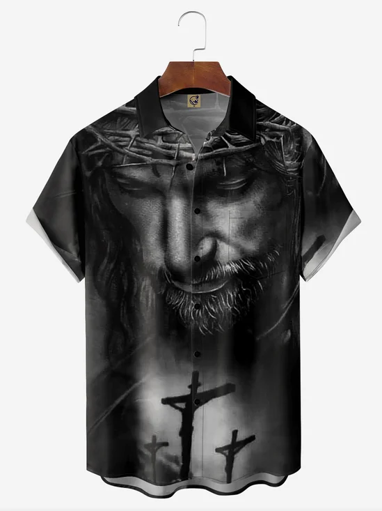Jesus Cross Chest Pocket Short Sleeve Casual Shirt