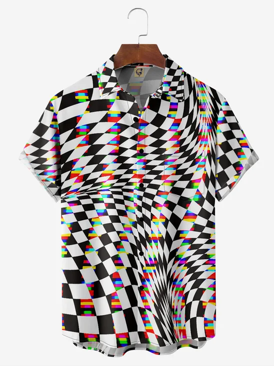 Checkerboard Geometric Chest Pocket Short Sleeve Casual Shirt