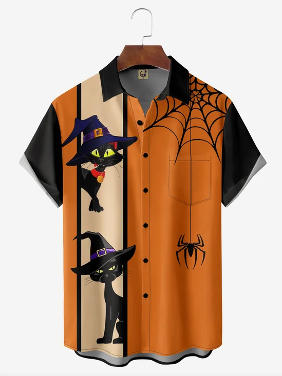 Halloween Black Cat Chest Pocket Short Sleeve Bowling Shirt