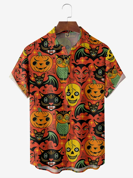 Halloween Pumpkin Cat Chest Pocket Short Sleeve Shirt