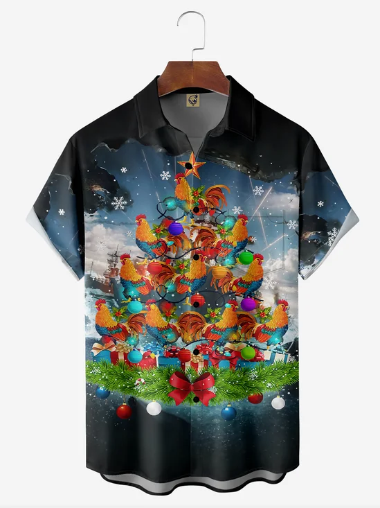 Christmas Tree Rooster Chest Pocket Short Sleeve Casual Shirt