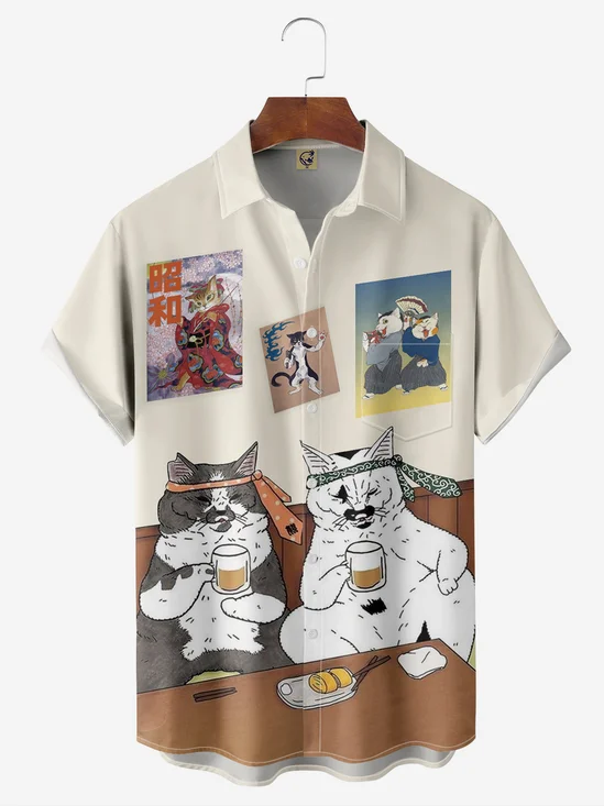 Retro Lzakaya Cat Chest Pocket Short Sleeve Hawaiian Shirt