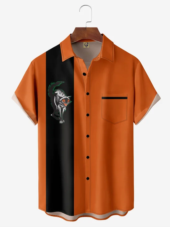 Halloween Cat Chest Pocket Short Sleeve Bowling Shirt