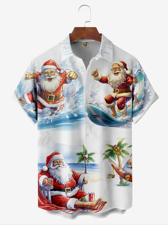 Santa Claus Vacation Chest Pocket Short Sleeve Casual Shirt