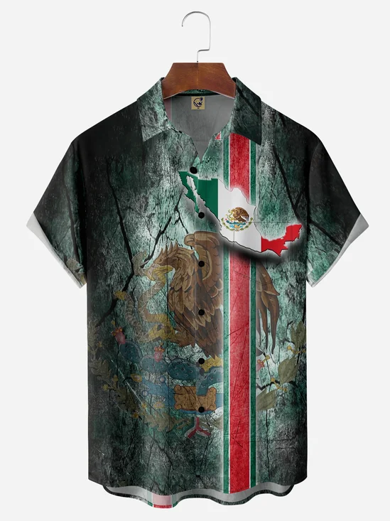 Mexico Coat of Arms Chest Pocket Short Sleeve Bowling Shirt