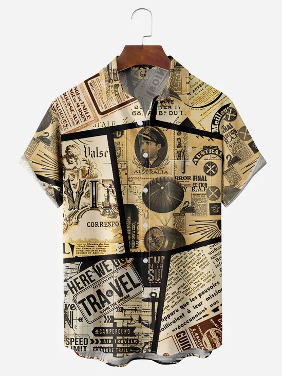 Vintage Newspaper Puzzle Chest Pocket Short Sleeve Casual Shirt