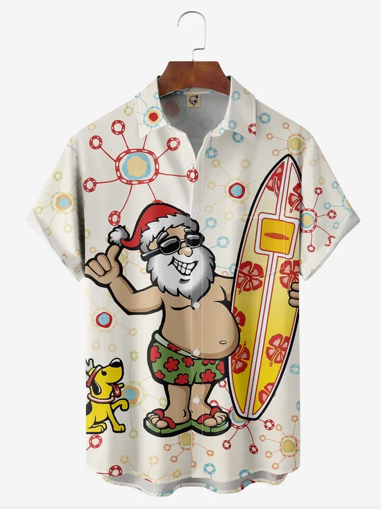 Santa Surf Chest Pocket Short Sleeve Hawaiian Shirt