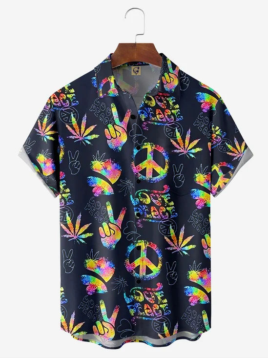 Hippie Leaf Chest Pocket Short Sleeve Casual Shirt