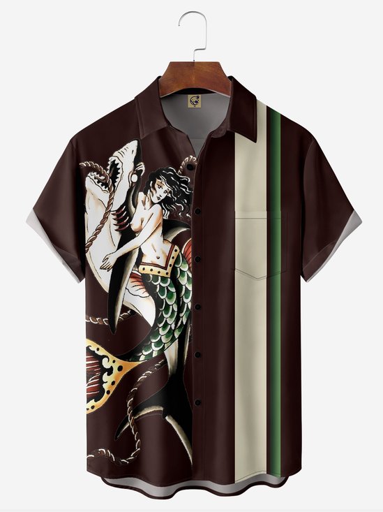 Mermaid Chest Pocket Short Sleeve Bowling Shirt