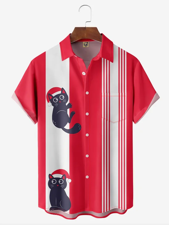 Christmas Cat Chest Pocket Short Sleeve Bowling Shirt