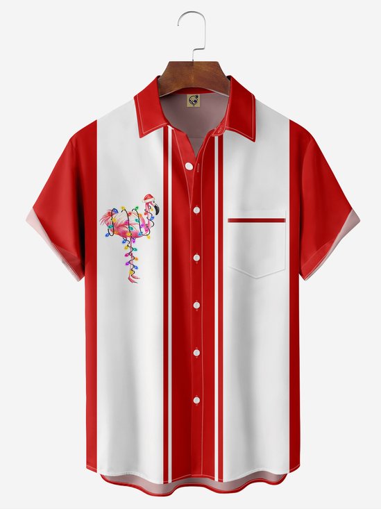 Christmas Flamingo Chest Pocket Short Sleeve Bowling Shirt