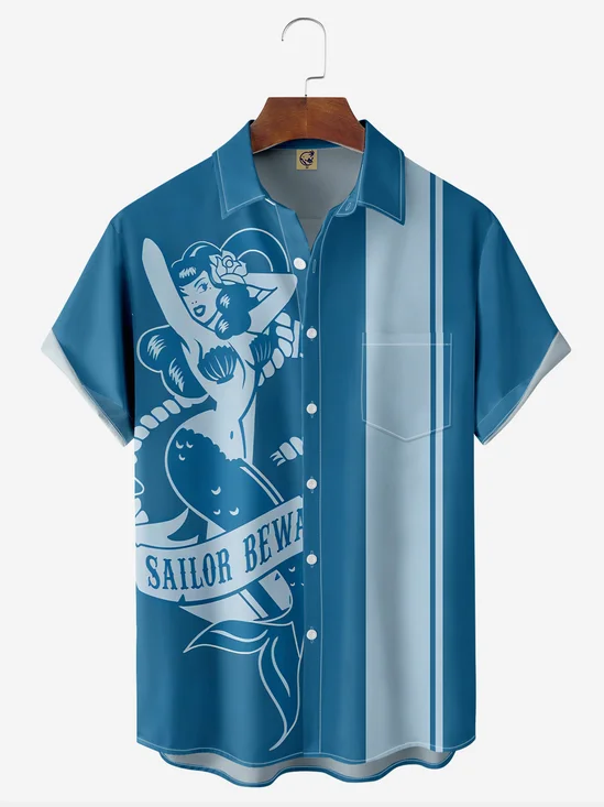 Mermaid Chest Pocket Short Sleeve Bowling Shirt