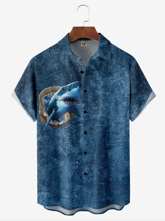 Fun Shark Chest Pocket Short Sleeve Hawaiian Shirt