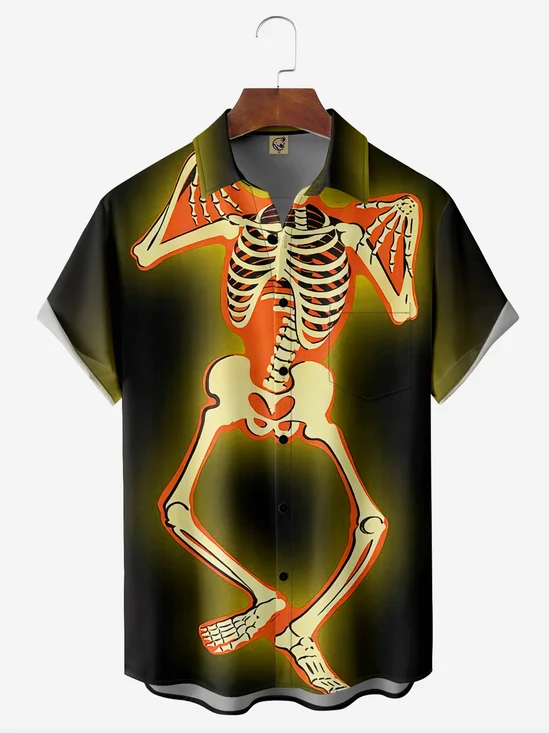 Halloween Skeleton Chest Pocket Short Sleeve Casual Shirt