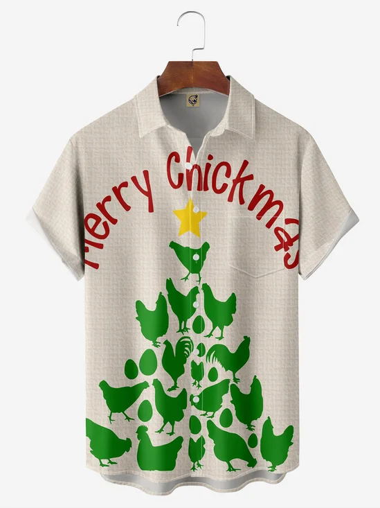 Christmas Chicken Chest Pocket Short Sleeve Casual Shirt