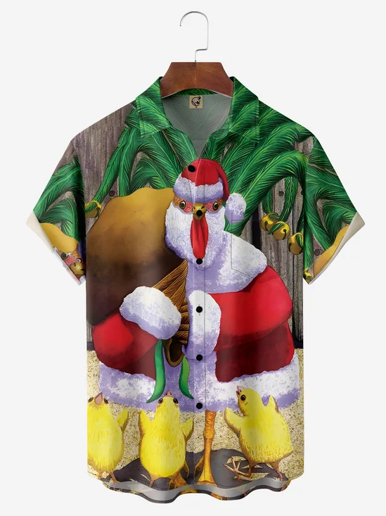 Christmas Rooster Chest Pocket Short Sleeve Shirt