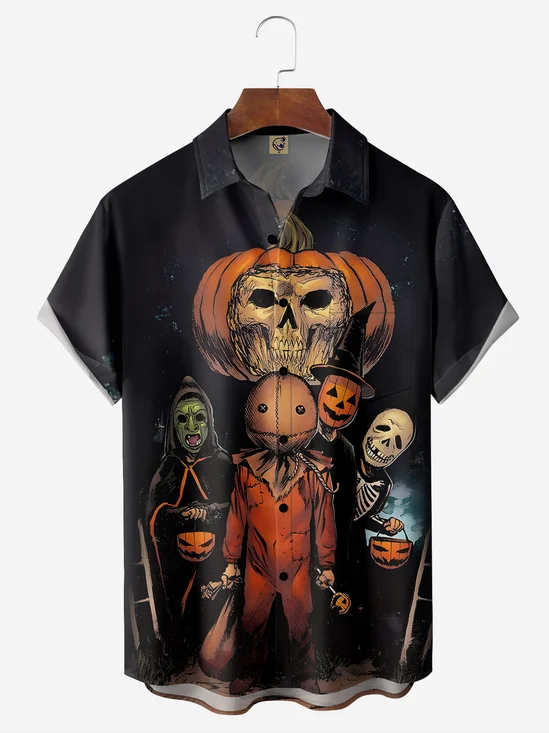 Halloween Pumpkin Chest Pocket Short Sleeve Shirt