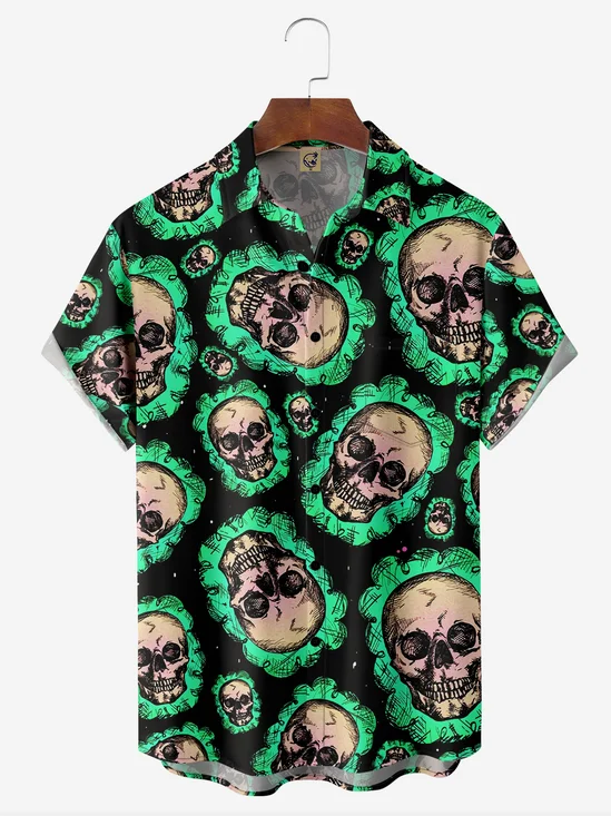 Halloween Skull Chest Pocket Short Sleeve Hawaiian Shirt